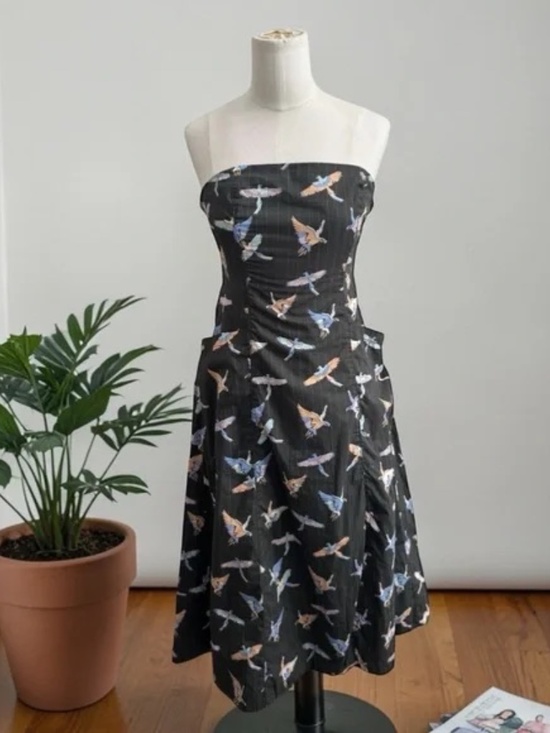 Free People Dresses & Skirts - FREE PEOPLE Strapless BIRD PRINT Sunshine of Your Love POCKET Midi DRESS sz 2